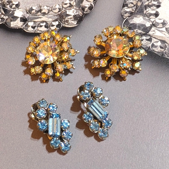 1950s TWO pair Sparkling Rhinestone Clip Earrings - Picture 1 of 7